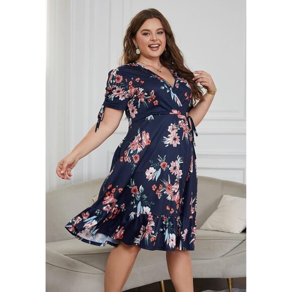 Plus Size Midi Dress Boho Floral V Neck Pockets Wedding Guest Casual - Picture 6 of 7